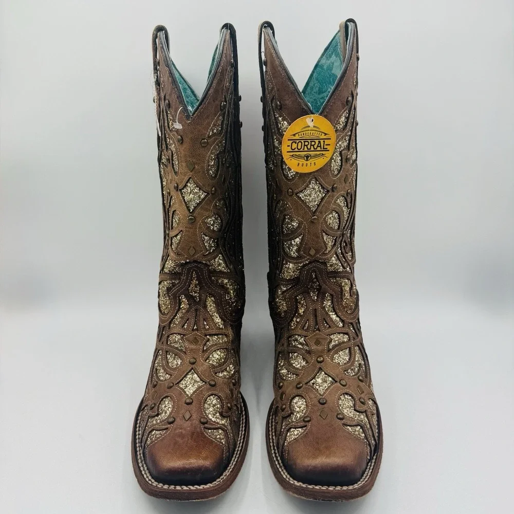 Corral Orix Glitter Inlay‎ Boots Women's Size 11 Brown Leather Gold Studded